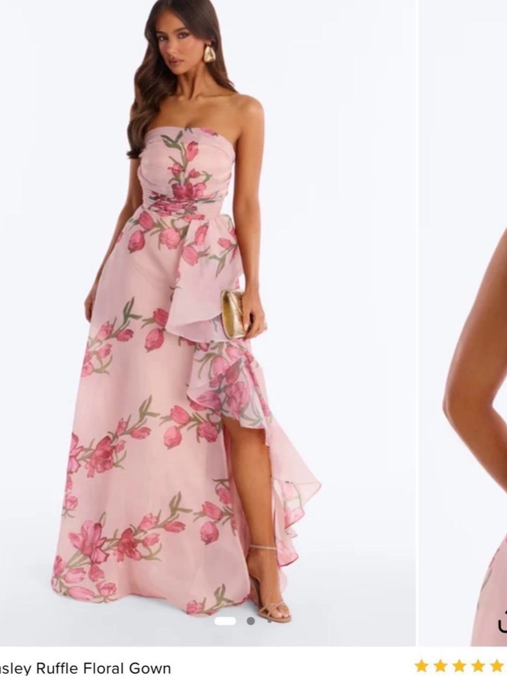 Fashion Nova Strapless Pink Floral Ruffle Gown
